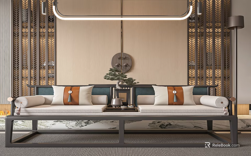 Traditional Chinese Luohan Bed With Patterned Cushions And Decorative Table In Stylish Interior 3d model