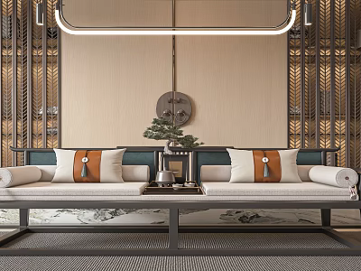 Traditional Chinese Luohan Bed With Patterned Cushions And Decorative Table In Stylish Interior 3d model