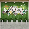 Green Photo Wall With Circular People Portraits Time Day Labels And Potted Plants