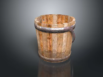 Vintage Wooden Bucket With Worn Texture And Metal Hoop Detail 3d model