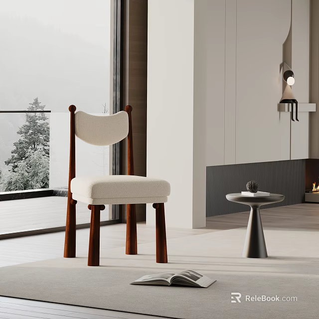 Modern Dining Chair With Curved Backrest Beige Upholstered Seat Wooden Legs And Scenic Window View 3d model 