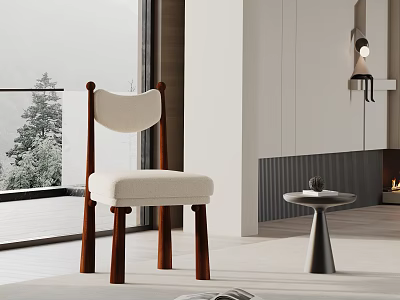 Modern Dining Chair With Curved Backrest Beige Upholstered Seat Wooden Legs And Scenic Window View 3d model