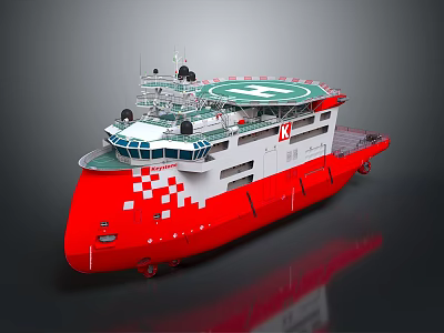 Red And White Multi Purpose Work Vessel With Green Deck And Upper Structure Equipment 3d model