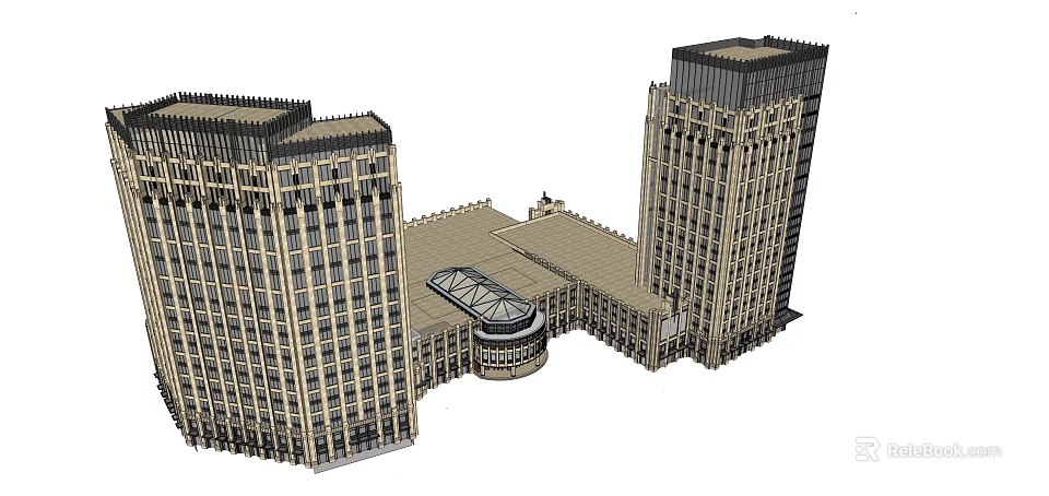 Hotel Building Design Featuring Two Tall Towers With Connecting Glass Roof Structure 3d model 