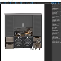 Modern Laundry Room With Double Washing Machines Black Cabinets Wicker Baskets And Laundry Supplies