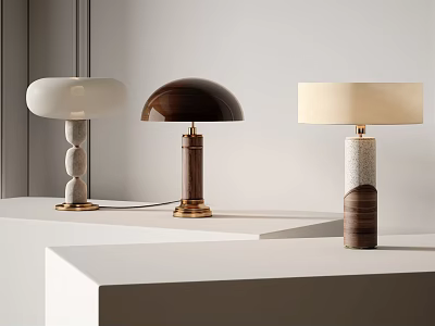 Modern Table Lamps With White Brown Beige Shades And Marble Wood Brass Bases 3d model