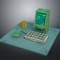 Vintage Computer Setup With Green Monitor Yellow Mug Keyboard And Mouse Pad