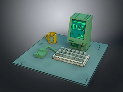 Vintage Computer Setup With Green Monitor Yellow Mug Keyboard And Mouse Pad 3d model
