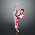 Young Boy In Taekwondo Uniform With Red Belt Striking High Kick Stance