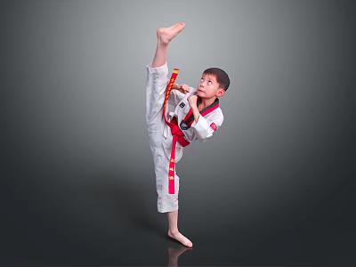 Young Boy In Taekwondo Uniform With Red Belt Striking High Kick Stance 3d model Young Boy In Taekwondo Uniform With Red Belt Striking High Kick Stance 3d model