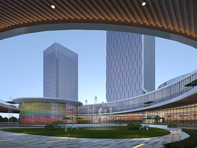 Modern Commercial Street With Contemporary Architecture Fountain And Green Lawn 3d model