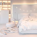 Elegant Modern Double Bed Interior With Upholstered Headboard String Lights And Throw Blanket