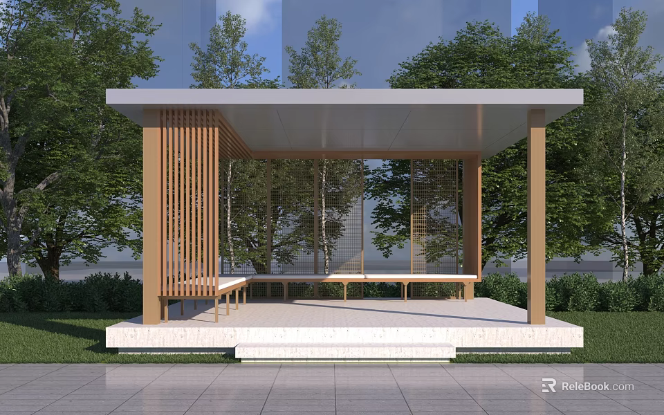 Modern Wooden Pergola With Shaded Roof Surrounded By Trees And Stone Pavement 3d model 