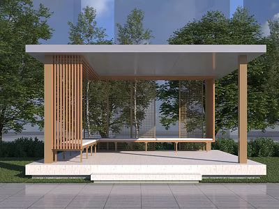 Modern Wooden Pergola With Shaded Roof Surrounded By Trees And Stone Pavement 3d model