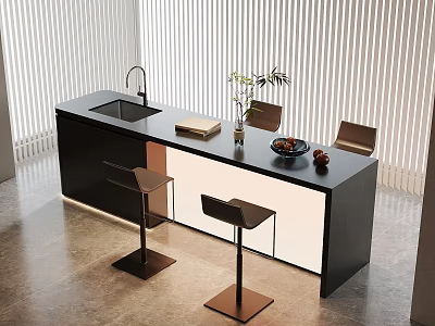 Modern Interior Black Bar Counter With Stool Chairs Potted Plant And Fruit Bowl 3d model