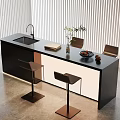 Modern Interior Black Bar Counter With Stool Chairs Potted Plant And Fruit Bowl
