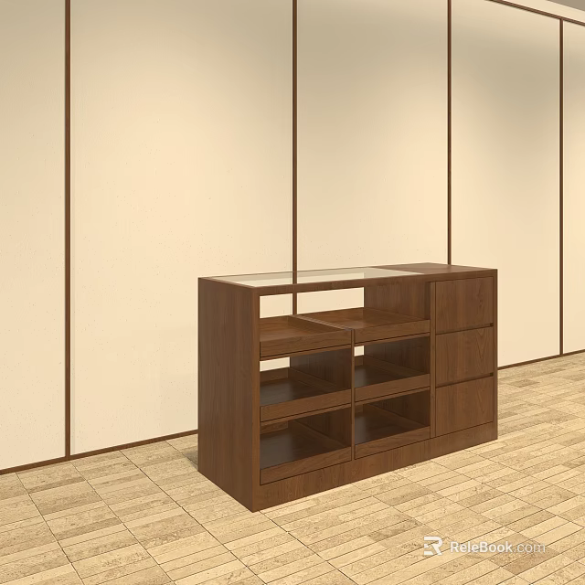 Clothing Store Interior With Wooden Display Cabinet Glass Top Shelves And Drawers 3d model 
