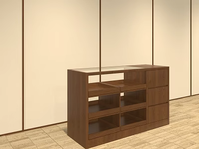 Clothing Store Interior With Wooden Display Cabinet Glass Top Shelves And Drawers 3d model