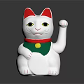 White Lucky Cat Figurine With Red Ears Green Collar Yellow Accent And Raised Paw