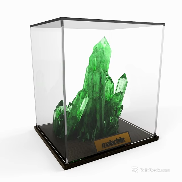 Decorative Ornament Set Featuring Green Malachite Crystals in Transparent Display Case 3d model 