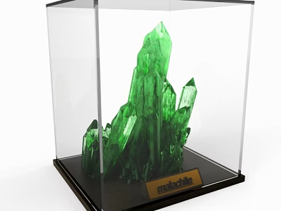 Decorative Ornament Set Featuring Green Malachite Crystals in Transparent Display Case 3d model