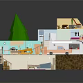 Cartoon Style 3D House Cutaway Model Featuring Various Rooms Furniture Staircase And Car
