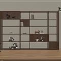 Minimalist Wooden Bookshelf With Multiple Shelves Books Decorative Vases Table Lamp And Potted Plant