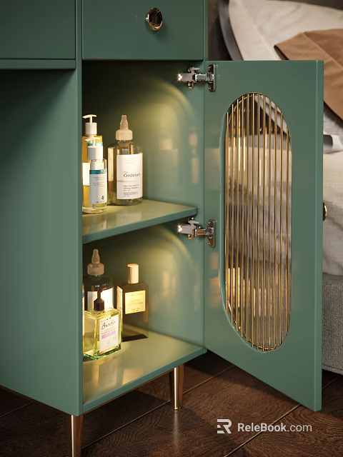 Elegant Modern Green Bedside Cabinet With Glass Door And Illuminated Shelves Holding Skincare Products 3d model 
