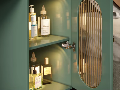 Elegant Modern Green Bedside Cabinet With Glass Door And Illuminated Shelves Holding Skincare Products 3d model