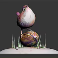 Colorful Bird Standing On A Walnut With Green Grass And Stone Base Against Gray Background