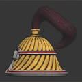 Traditional Ancient Helmet With Yellow Body Red Trim And Curved Purple Plume