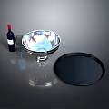 Appetizing Food Serving With Wine Bottle Glass Silver Bowl And Black Tray Setup