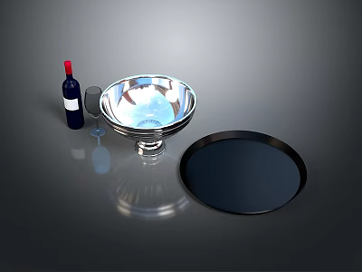 Appetizing Food Serving With Wine Bottle Glass Silver Bowl And Black Tray Setup 3d model