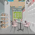 Modern Bookstore Interior With Pink Chairs Round Tables White Bookshelves And Green Plants