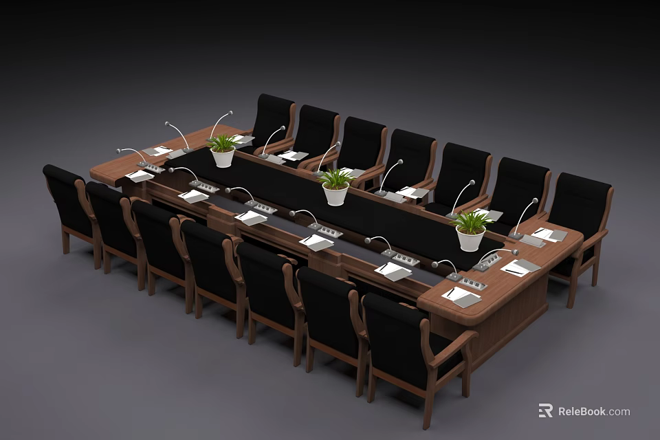Wooden Conference Table With Black Chairs And Small White Flower Pots In Modern Meeting Room 3d model 