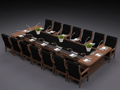 Wooden Conference Table With Black Chairs And Small White Flower Pots In Modern Meeting Room 3d model