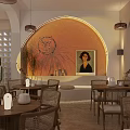 Modern Café Interior Design With Orange Arched Wall Portrait Cactus Wooden Tables And Pendant Lights