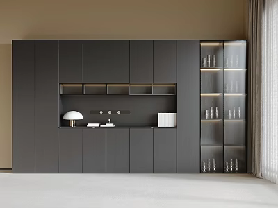 Dark Gray Integrated Bookcase With Multiple Cabinet Doors Open Shelves Glass Ornaments And Bright Light 3d model