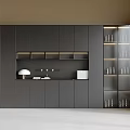 Dark Gray Integrated Bookcase With Multiple Cabinet Doors Open Shelves Glass Ornaments And Bright Light