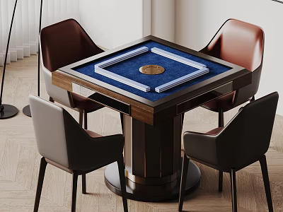 Wooden Mahjong Entertainment Table with Blue Surface Round Base and Four Chairs Around 3d model