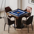 Wooden Mahjong Entertainment Table with Blue Surface Round Base and Four Chairs Around