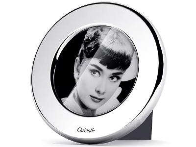 Round Silver Photo Frame Displaying Classic Portrait With Cinaigle Logo Design 3d model