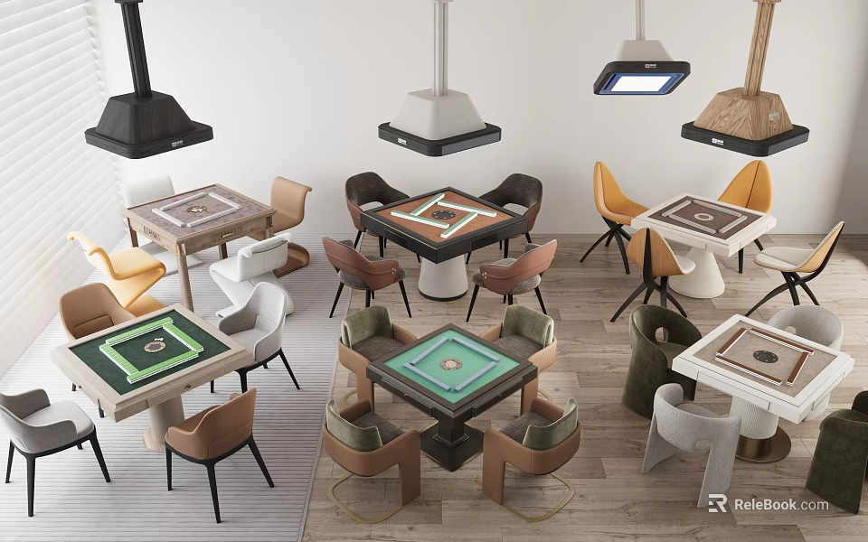Modern Mahjong Card Entertainment Interior With Stylish Tables Chairs And Hanging Lights 3d model 