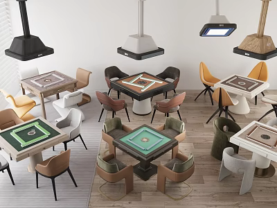 Modern Mahjong Card Entertainment Interior With Stylish Tables Chairs And Hanging Lights 3d model