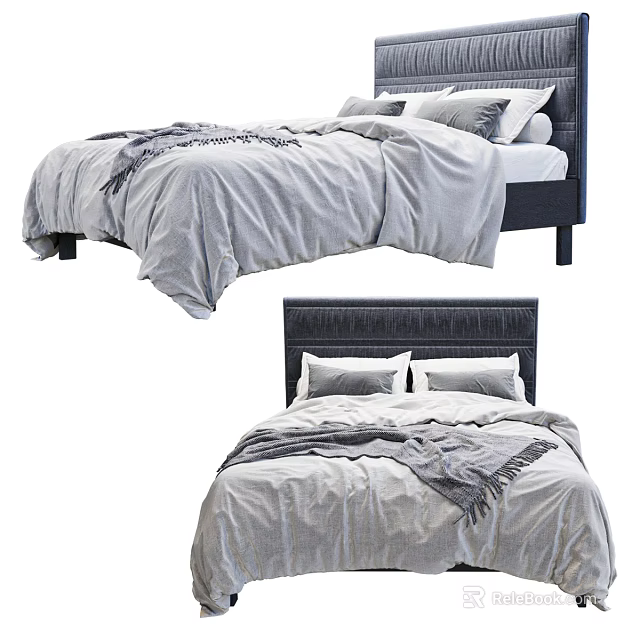 Modern Double Bed With Upholstered Headboard Soft Gray Comforter And Pillows 3d model