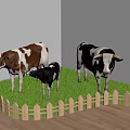 Three Cows And Calf Standing By Wooden Fence On Green Grass Indoor With Wooden Floor