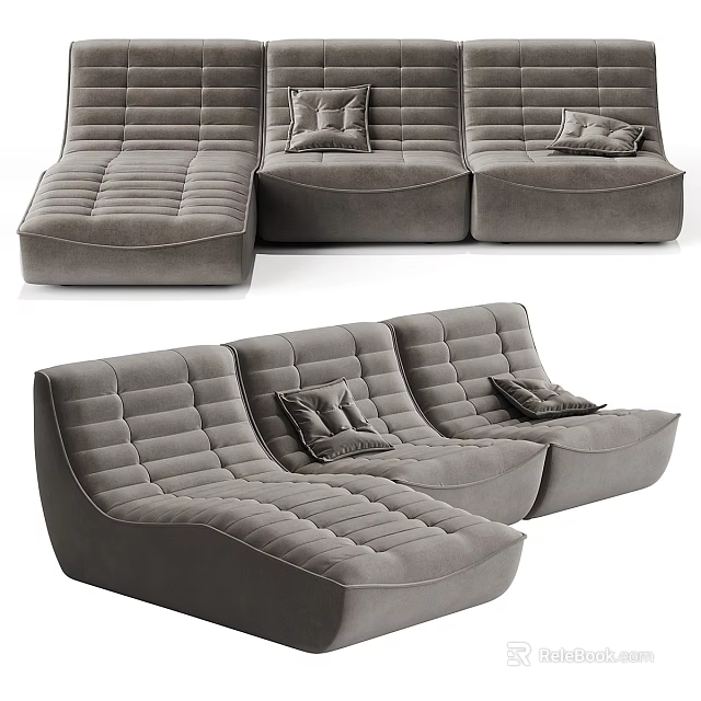 Gray Velvet Sectional Sofa With Modern Curved Design And Comfortable Decorative Pillows 3d model 