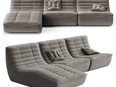 Gray Velvet Sectional Sofa With Modern Curved Design And Comfortable Decorative Pillows 3d model