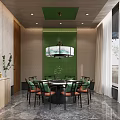 Elegant Private Dining Box Interior With Green Grid Wall Round Table And Chandeliers 3d model