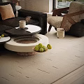 Modern Living Room Interior With Beige Sofa Round Coffee Tables Wooden Shelf And Natural Light